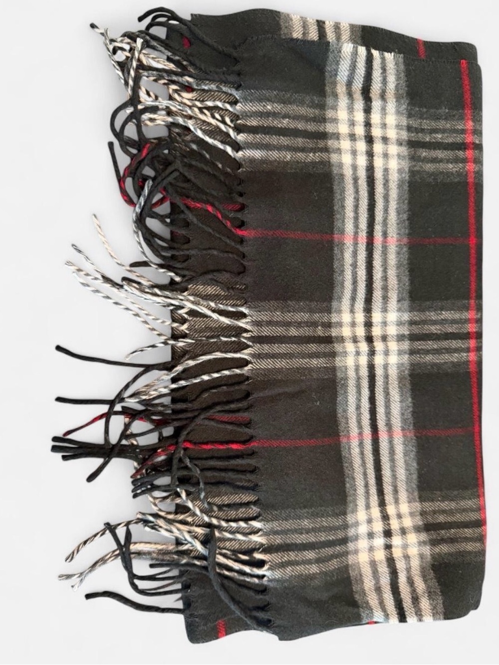 V. FRAAS Men's Black Plaid Scarf with Red and Cream Stripes Cashmink